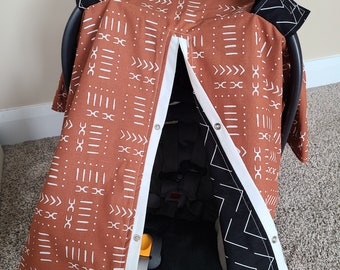 Baby Car Seat Canopy, Rust Aztec w/ Black, Personalized Baby Shower Gift, Baby Boy Car Seat Cover