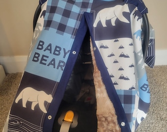 Funda para asiento de coche de oso Minky, diseño de oso de bosque azul marino con pelo cervatillo, regalo personalizado para baby shower, capota para asiento de coche de bebé niño
