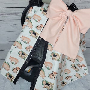 Baby Pig Carseat Cover, Newborn Gift, Farm and Black Sequin Sparkle, Baby Girl Carseat Cover, READY TO SHIP