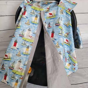 Sailor Car Seat Cover - Nautical Sailboat - Personalized Baby Shower Gift - Baby Boy Car Seat Canopy - READY TO SHIP