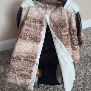 Fawn Fur and Ivory Car seat Canopy, Brown and Ivory Fawn Minky, Baby Shower Gift, Baby Boy Car Seat