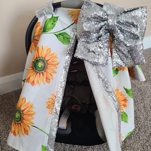 Sunflower Sequin Carseat Canopy, Newborn Shower Gift, Baby Girl Car Seat Canopy, READY TO SHIP