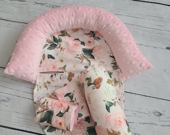 Peach Floral Baby Carseat Cover Bundle Set - Infant Car Seat Cushions - Infant Head Support Pillow - Arm Cushion - Infant Strap Covers