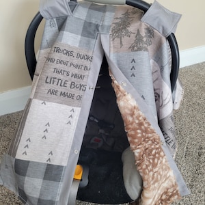 Funda para asiento de coche con diseño de ciervo Minky, ciervo gris del bosque con pelo de cervatillo, regalo personalizado para baby shower, capota para asiento de coche para bebé niño