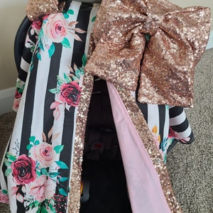 Stripe Floral and Blush Carseat Cover, Baby Girl, Baby Shower Gift, Baby Girl Car Seat Canopy, Sequin Sparkle Car Seat Cover, READY SHIP