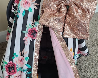 Stripe Floral and Blush Carseat Cover, Baby Girl, Baby Shower Gift, Baby Girl Car Seat Canopy, Sequin Sparkle Car Seat Cover, READY SHIP