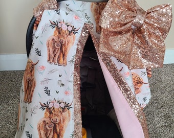 Highland Cow Car Seat Cover, Farm Floral w/ Rose Gold Sparkle, Personalized Baby Shower Gift, Baby Girl Car Seat Canopy