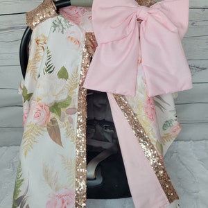 Blush Flower Car Seat Cover, Floral and Blush w/ Rose Gold Sparkle, Baby Shower Gift, Newborn Girl Gift, Baby Girl Car Seat Canopy
