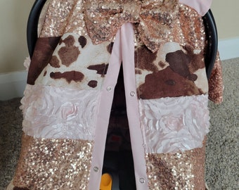 Suede Cow and Blush Sparkle Car Seat Cover Canopy, Strip Style Carseat Cover, Gift for Newborn Infant, Baby Shower Gift