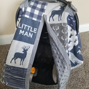 Woodland Navy i Grey Deer z szarym Minky Carseat Canopy, prezent na Baby Shower, fotelik samochodowy dla chłopca