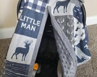 Woodland Navy and Grey Deer with Grey Minky Carseat Canopy, Baby Shower Gift, Baby Boy Car Seat