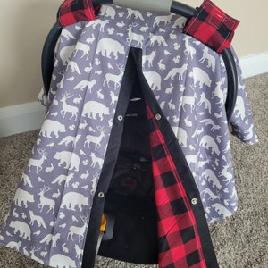 Funda para asiento de coche Buck - Gris ciervo bosque con cuadros - Regalo personalizado para baby shower - Toldo para asiento de coche de bebé niño - LISTO PARA ENVIAR