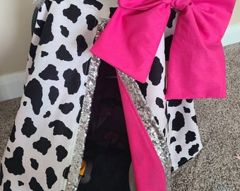 Cow and Hot Pink Carseat Cover, Cow Hot Pink w/ Silver Sparkle, Personalized Baby Shower Gift, Baby Girl Car Seat Canopy