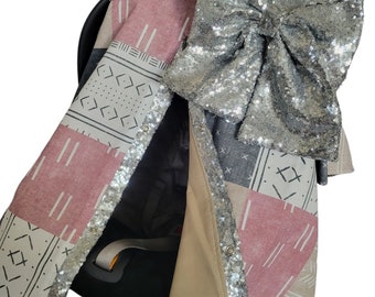 Patchwork Carseat Cover, Mauve Grey Tan w/ Silver Sparkle, Personalized Baby Shower Gift, Baby Girl Car Seat Canopy, READY TO SHIP