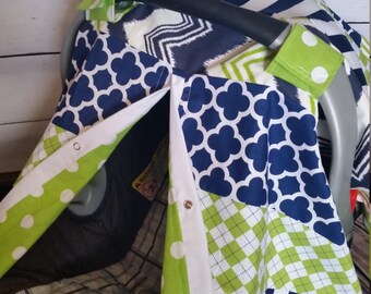 Lime Green Navy Boy Car Seat Cover - Gifts for Newborn - Baby Boy Car Seat Canopy - READY TO SHIP