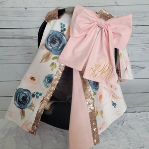Navy Blush Floral Carseat Tent, Floral w/ Rose Gold Sparkle, Personalized Baby Shower Gift, Baby Girl Car Seat Canopy, READY TO SHIP