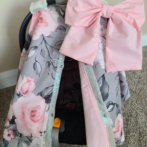 Baby Car Seat Cover, Grey Floral Carseat Cover, Baby Girl Baby Shower Gift, Baby Girl Car Seat Canopy