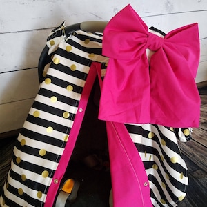 Black Gold Car seat Canopy - Black Stripe Hot Pink Sparkle - Personalized Baby Shower Gift - Baby Girl Car Seat Canopy READY TO SHIP