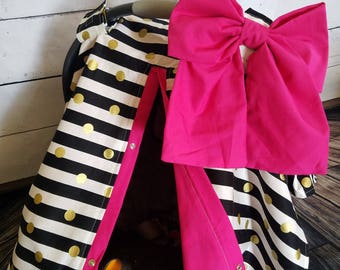 Black Gold Carseat Canopy - Black Stripe Hot Pink Sparkle - Personalized Baby Shower Gift - Baby Girl Car Seat Canopy