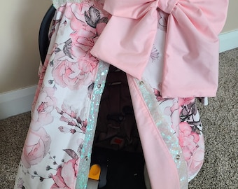 Blush Floral Carseat Cover: Iridescent Sequin Baby Girl Canopy