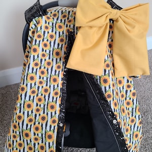 Funda para asiento de coche para bebé niña con diseño de girasol a rayas y lentejuelas, bordado personalizado, regalo para recién nacida, lentejuelas negras brillantes, lista para enviar.