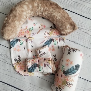 Feather Fawn Baby Carseat Cover Bundle Set - Infant Car Seat Cushions - Infant Head Support Pillow - Arm Cushion - Infant Strap Covers