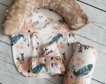 Feather Fawn Baby Carseat Cover Bundle Set - Infant Car Seat Cushions - Infant Head Support Pillow - Arm Cushion - Infant Strap Covers