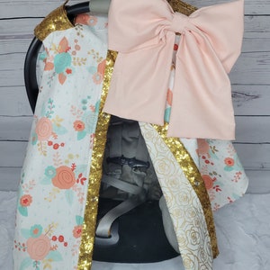Flower Carseat Cover, Coral Mint Peach Floral w/ Gold Sparkle, Personalized Baby Shower Gift, Baby Girl Car Seat Canopy, READY TO SHIP