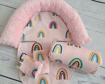 Blush Rainbow Baby Carseat Cover Bundle Set, Infant Car Seat Cushions, Infant Head Support Pillow, Arm Cushion, Infant Strap Covers