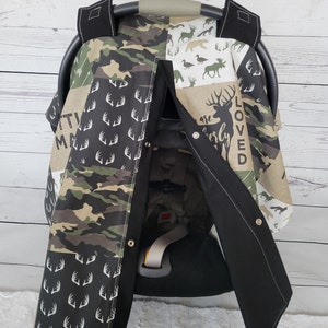 Funda para asiento de coche con diseño de ciervo de camuflaje, color negro, regalo personalizado para baby shower, capota para asiento de coche de bebé niño