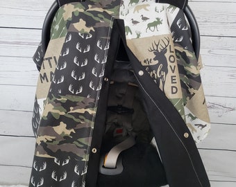 Camouflage Buck Carseat Cover, Woodland Deer w/ Black, Personalized Baby Shower Gift, Baby Boy Car Seat Canopy