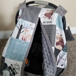 Forest Animals and Grey Minky Carseat Canopy, Baby Shower Gift, Baby Boy Car Seat