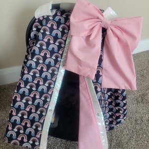 Funda para asiento de coche de bebé, arcoíris con brillo iridiscente, regalo personalizado para baby shower, capota para asiento de coche de niña, lista para enviar