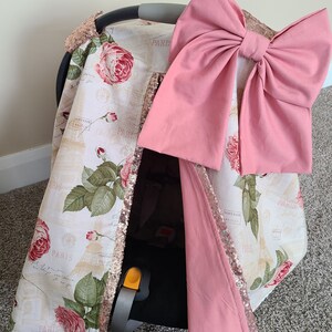 Mauve Floral Roses with Rose Gold Sequin Carseat Cover, Custom Baby Shower Gift, Baby Girl Car Seat Canopy - READY TO SHIP