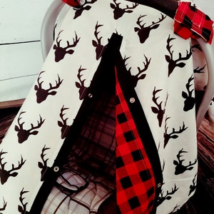 Plaid deer Carseat Cover Boy - Black Buck w/ Red Plaid - Personalized Baby Shower Gift - Baby Boy Car Seat Canopy READY TO SHIP