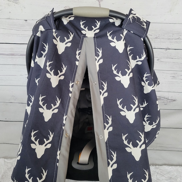 Navy Deer Grey Carseat Cover, Baby Shower Gift, Baby Boy Carseat Canopy