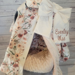 Neutral Floral with Minky Carseat Cover, Baby Shower Gift, Baby Girl Car Seat Canopy, Personalized Gift