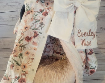 Neutral Floral with Minky Carseat Cover, Baby Shower Gift, Baby Girl Car Seat Canopy, Personalized Gift