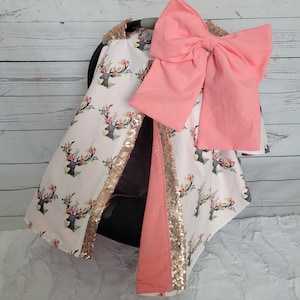 Funda para silla de auto con ciervo floral, capota floral con destellos oro rosa, regalo personalizado para baby shower, silla de auto para niña, lista para enviar