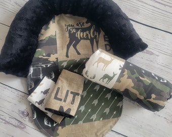 Camo Deer Baby Car seat Cover Bundle Set, Infant Car Seat Cushions, Infant Head Support Pillow, Arm Cushion, Infant Strap Covers