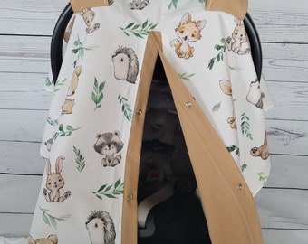 Forest Animals Carseat Cover, Fox Rabbit Porcupine w/ Tan, Gepersonaliseerde Baby Shower Gift, Baby Boy Car Seat Canopy