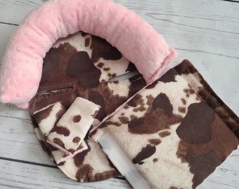 Suede Cow Baby Car Seat Cover Bundle Set, Infant Car Seat Cushions, Infant Head Support Pillow, Arm Cushion, Infant Strap Covers