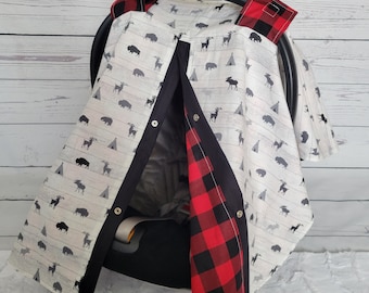 Toldo para asiento de coche con diseño de ciervos y cuadros, ideal como regalo para baby shower. Funda para asiento de coche para bebé niño. ¡Lista para enviar!