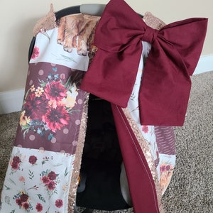 Cubierta de asiento de coche de vaca Highland, vaca y vino con brillo de oro rosa, regalo de baby shower, regalo de niña recién nacida, dosel de asiento de coche de niña