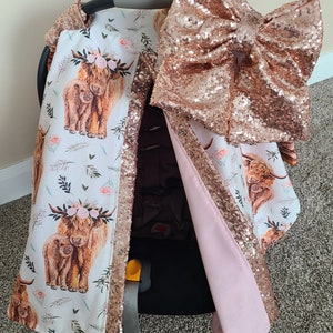 Highland Cow Car Seat Cover, Farm Floral w/ Rose Gold Sparkle, Personalized Baby Shower Gift, Baby Girl Car Seat Canopy