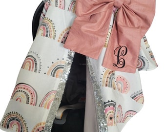 Rainbow Sparkle Baby Girl Carseat Cover, Personalized Baby Shower Gift, Baby Girl Car Seat Canopy