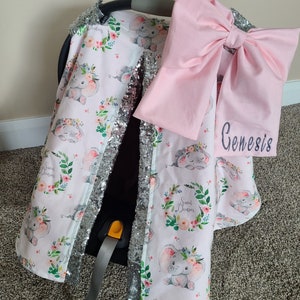 Elephant Blush Carseat Cover, Baby Girl Car Seat Canopy