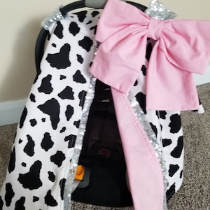 Pink Cow Carseat Cover, Farm Cow w/ Silver Sparkle, Personalized Baby Shower Gift - Baby Girl Car Seat Canopy