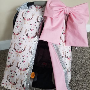 Funda para asiento de coche para bebé niña con diseño floral rosa de astas y lentejuelas, bordado personalizado, regalo para recién nacida, capota con lentejuelas plateadas brillantes.