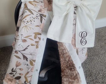 Neutral Floral with Fawn Fur Carseat Cover, Baby Shower Gift, Baby Girl Car Seat Canopy, Personalized Gift